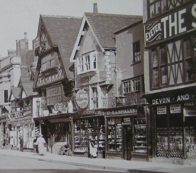 Historic photo of The Tudor Tavern, 15 Fore Street Taunton, Somerset, street with old shops and buildings.