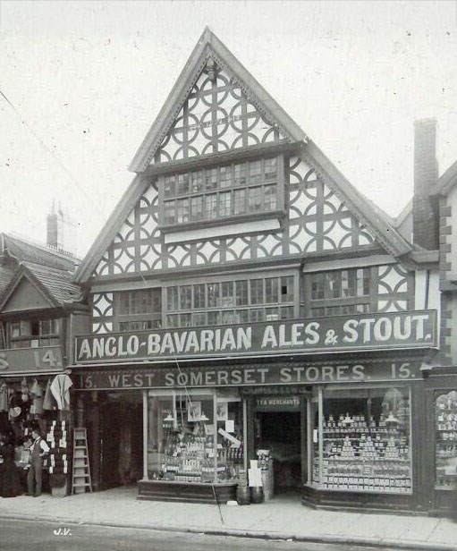 Historic storefront in Somerset, UK. The Tudor Tavern, 15 Fore Street Taunton, Somerset.