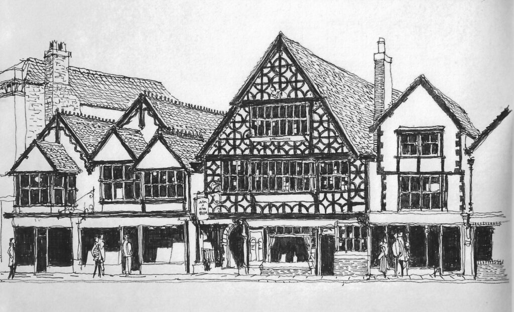 Illustration of traditional Tudor-style buildings.