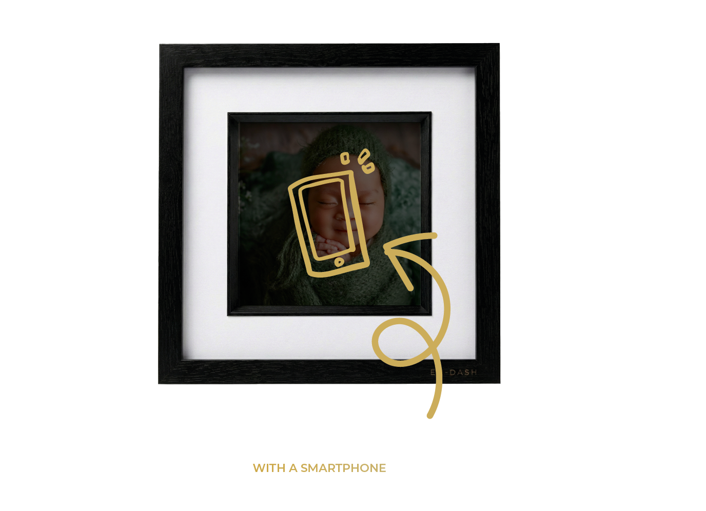 Framed baby photo with smartphone overlay.
